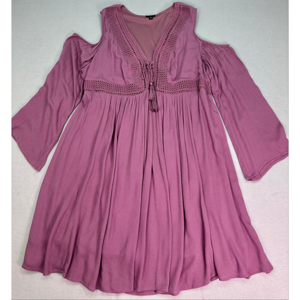 Torrid Mauve Crochet Tassel Tie Cold Shoulder Mini Dress Size 2 Boho - Picture 4 of 11